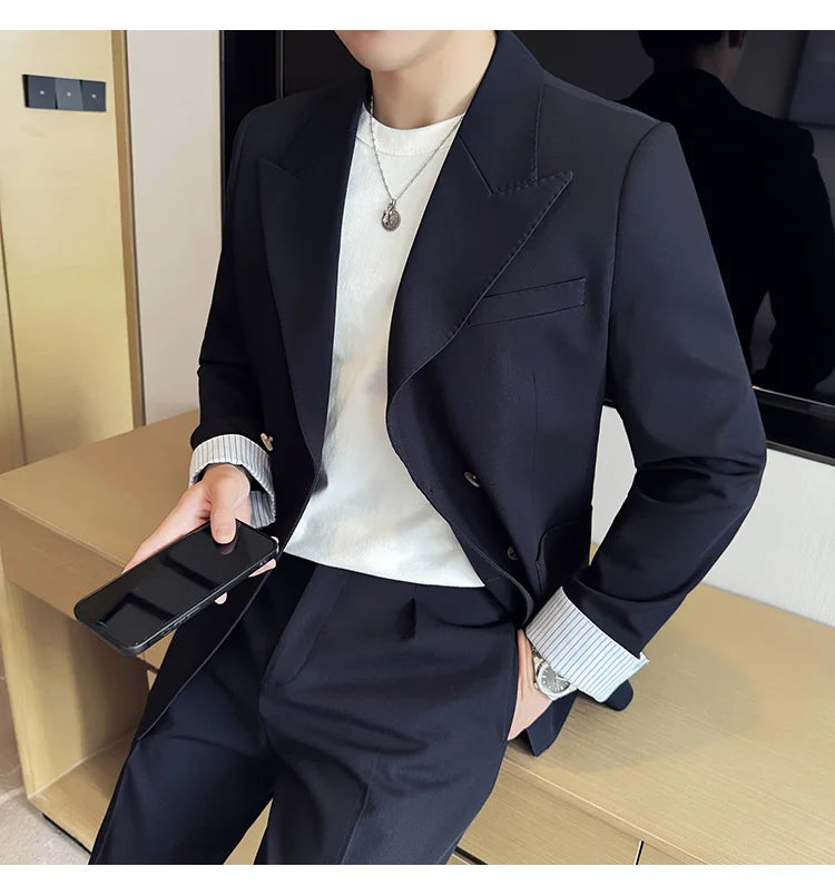 Korean Style Double Breasted Suit Jacket for Men Fashion Casual Business Suit Jackets Office Social Banquet Blazer Masculino