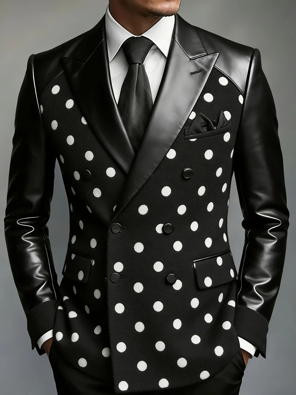 Men's Polka Dot Double Breasted Casual Business Blazer Leather Sleeve Slim Fit Suit Jacket Fashion Party Office Formal Outerwear