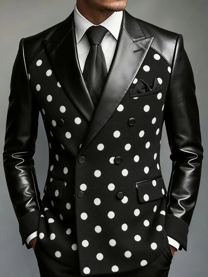 Men's Polka Dot Double Breasted Casual Business Blazer Leather Sleeve Slim Fit Suit Jacket Fashion Party Office Formal Outerwear