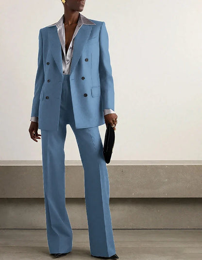 Fashion Grey Double Breasted Women Pants Set High-end Female Two Pieces(Jacket+Trousers)أطقم بناطيل