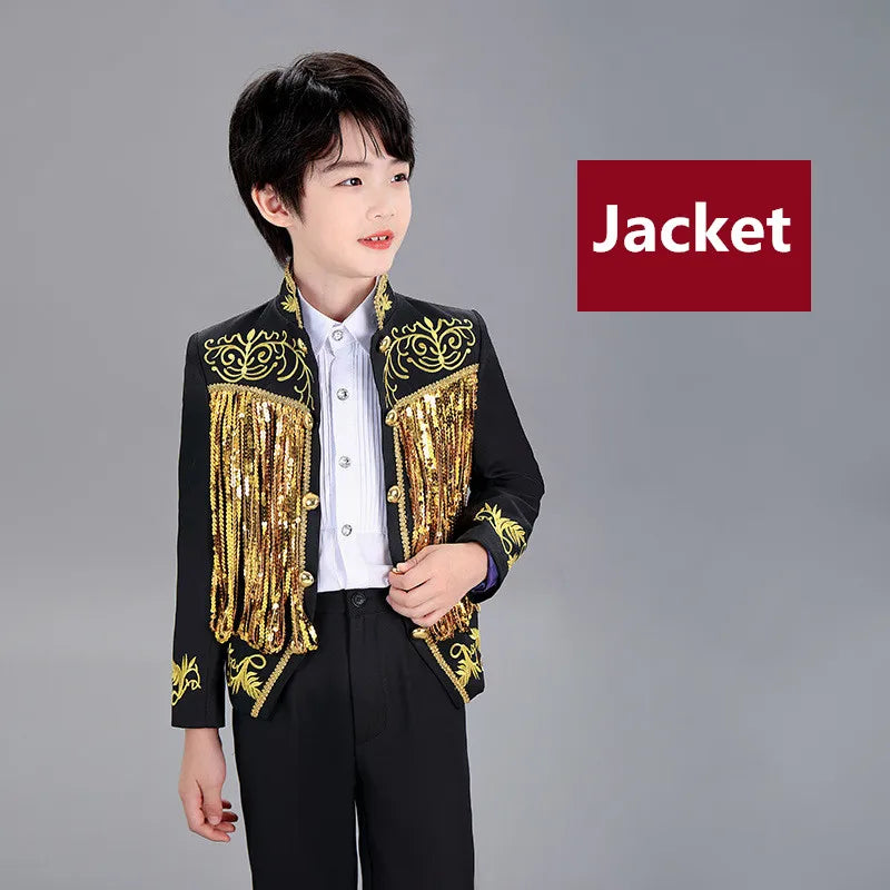 Boys Sequenant 2 Pieces/Set Jacket Pants Embroidery Paino Host Performance Dress Kids Stage Show Photography Suit Children's Set