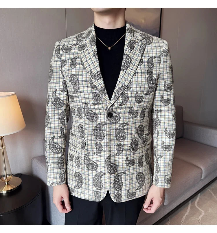 2025 Fashion Embroidery Jacquard Suit Jacket Korean Style Slim Fit Business Formal Social Prom Party Tuxedos Men Clothing 5XL-M