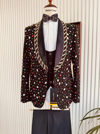 Men's Colorful Crystal Suits 3 Pieces Dancing Wear Shawl Lapel Slim Fit Suit Set Host Costumes Exquisite Man Tuxedo For Party