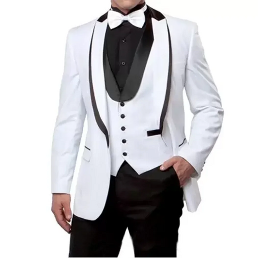 White Men wedding Suits Fashion Groom Tuxedos Slim Fit Business Casual Shawl Lapel 3 Piece (Blazer+Vest+Pants) Costume Homme