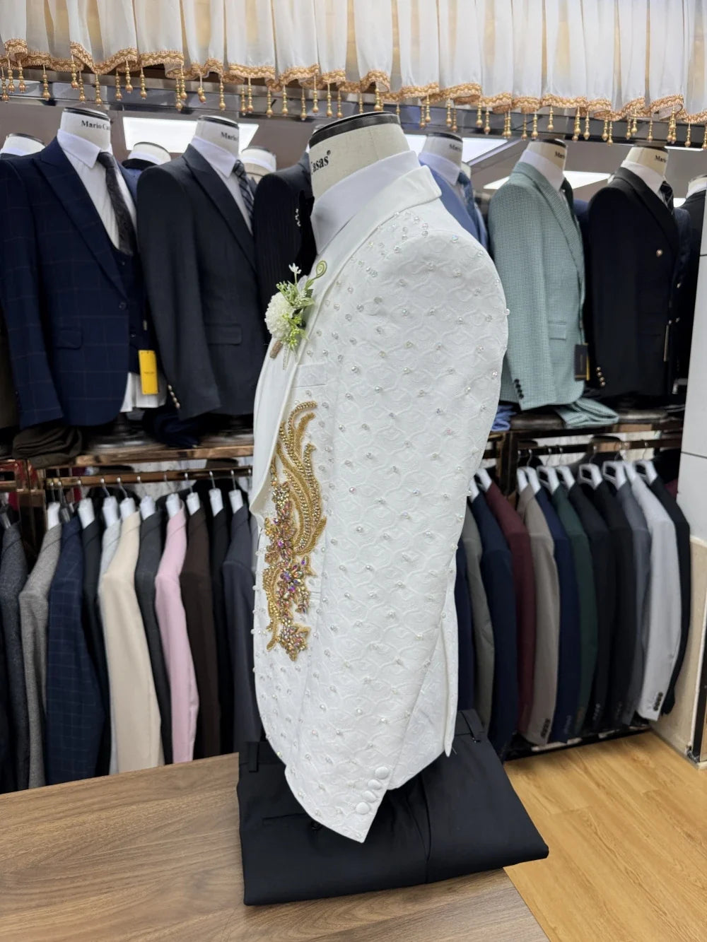 Customized Exquisite Beaded Crystal Suit Set 3 Pieces For Men Wedding Prom Wear Classy Single Breasted Men's Suits Customized