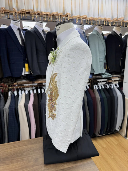 Customized Exquisite Beaded Crystal Suit Set 3 Pieces For Men Wedding Prom Wear Classy Single Breasted Men's Suits Customized
