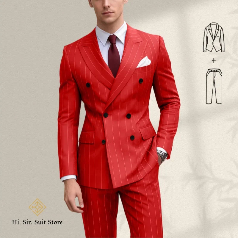 Men's 2-Piece Slim Fit Double-Breasted Striped Suit Set for Men – Wedding, Business & Formal Occasions