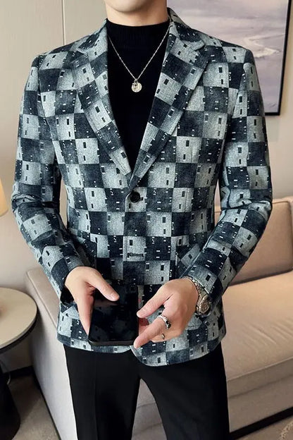 Korean Jacquard Denim Jacket for Men Autumn Winter Casual Business Men Blazers Slim Fit Wedding Social Dress Coat Men Clothing
