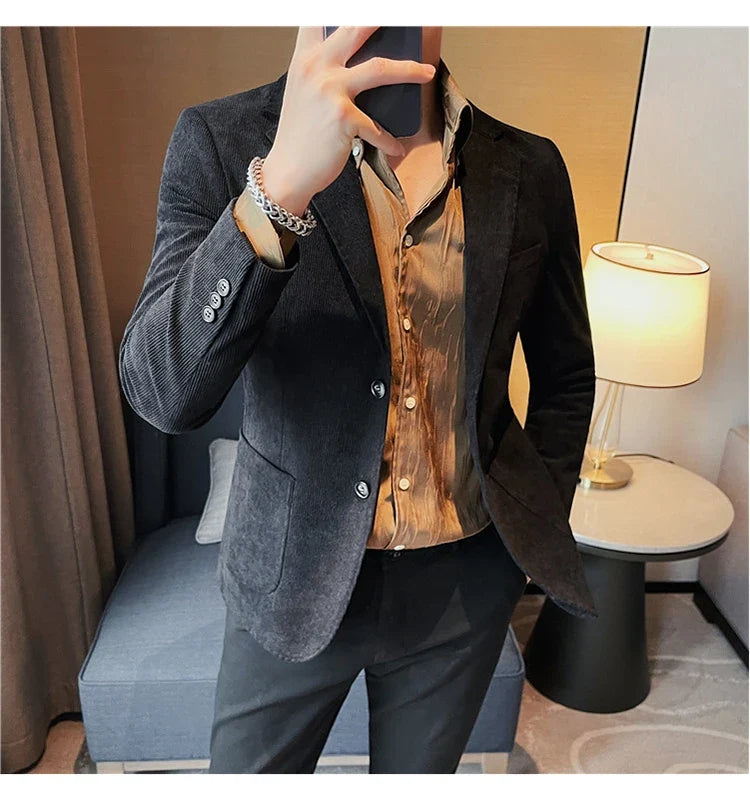 Men's Slim Fit Striped Corduroy Blazer – Smart Casual Single Breasted Suit Jacket
