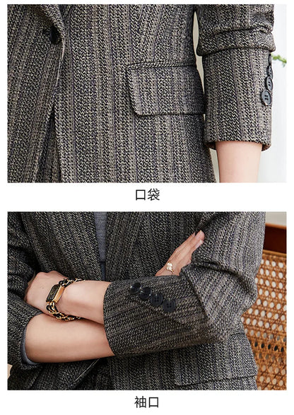 Gray Coffee Striped Ladies Formal Pant Suit Set Women Female Business Work Wear Long Sleeve 2 Piece Blazer Jacket And Trouser