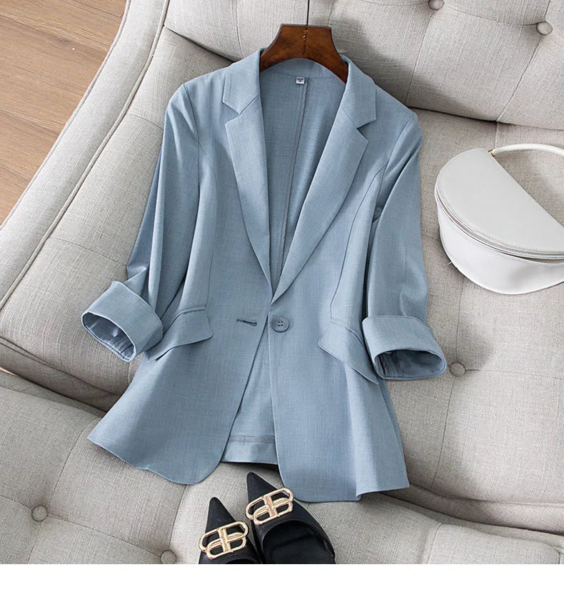 Spring Summer New Style Korean Version Silk Fashion Small Suit Jacket Women Thin Sleeve Seven Button Slim Fit Western Wear