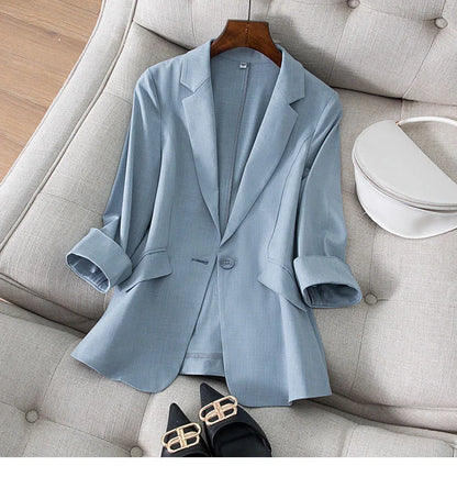Spring Summer New Style Korean Version Silk Fashion Small Suit Jacket Women Thin Sleeve Seven Button Slim Fit Western Wear