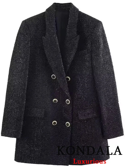 Office Lady Chic Black Blazer V Neck Double Buttons Long Jackets Fashion 2026 Casual Pockets Female Party Outwears