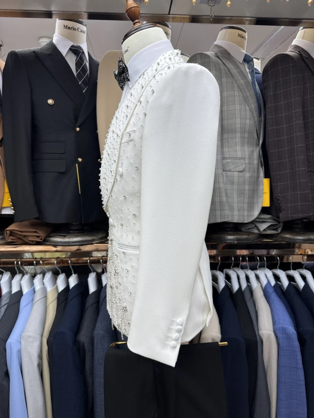 Silver Beaded Crystal Suit Jacket Man Birthday Party Prom Wear Chic Double Breasted Suit Set 2 Pieces For Men Wedding Groom Sets