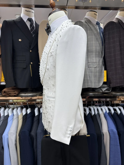 Silver Beaded Crystal Suit Jacket Man Birthday Party Prom Wear Chic Double Breasted Suit Set 2 Pieces For Men Wedding Groom Sets