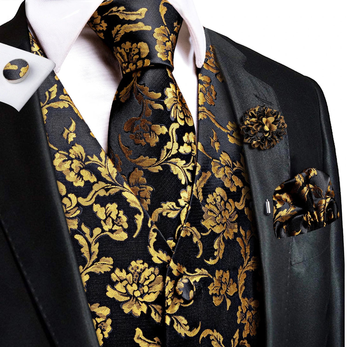 Men's Jacquard Waistcoat Suit Vest with Tie Hanky Cufflinks Brooch Set for Weddings and Business Events
