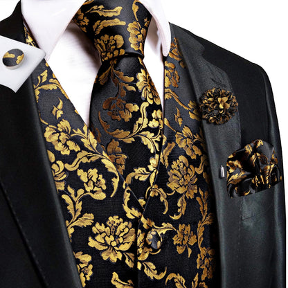 Men's Jacquard Waistcoat Suit Vest with Tie Hanky Cufflinks Brooch Set for Weddings and Business Events
