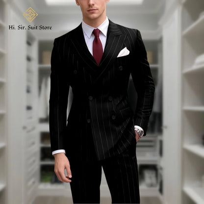 Men's 2-Piece Slim Fit Double-Breasted Striped Suit Set for Men – Wedding, Business & Formal Occasions