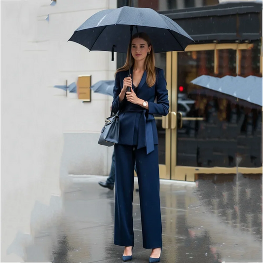 Navy Blue Belted Wrap Suit For Women 2 Piece Set Straight Fit Female Office Business Formal Workwear Elegant Jacket Pants