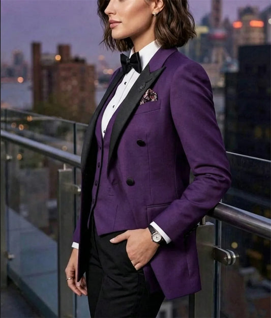 Women's Purple & Black Bridesmaid Tuxedo Three Piece Handmade Suits Wedding Outfits Women's Suits (Blazer+Vest+Pants)