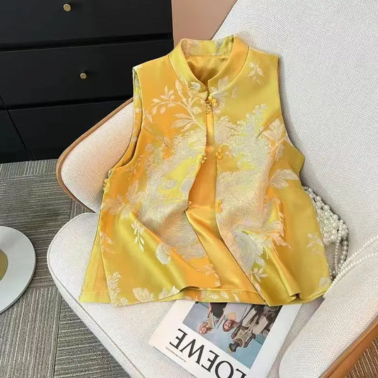 2025 Summer New Chinese Style Simple Yellow Buckle Tang Suit Cheongsam Vest Women Jacket Stand Collar Sleeveless Shirts Thin Top