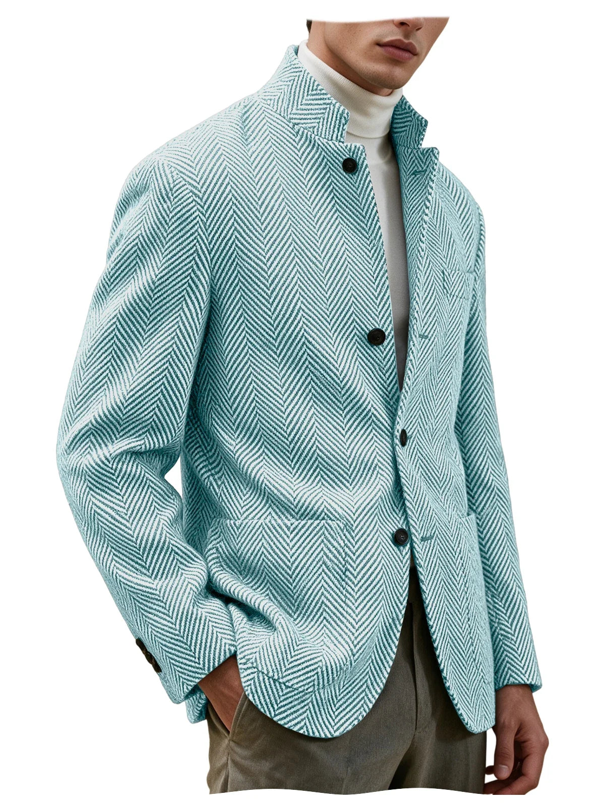 Men's Herringbone Tweed Stand Collar Blazer  Notch Lapel Slim Fit Wool Blend Sport Coat Business Casual Wedding Prom Man Jackets