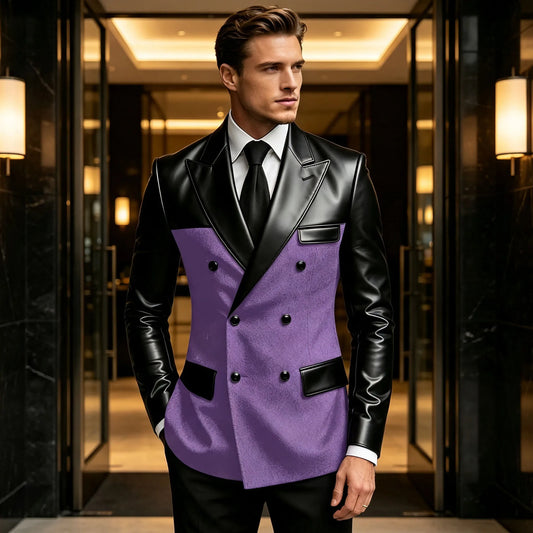 Men's Double Breasted Suit Blazer with Leather Patchwork for Weddings and Formal Events