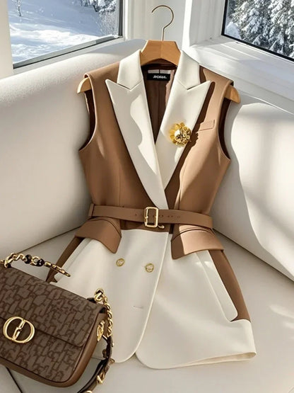 Y2k Vintage Block Coffee Blazers Vest Women Korean Sleeveless Jackets Coat Belt Women Temperament Formal Outerwear Office Lady