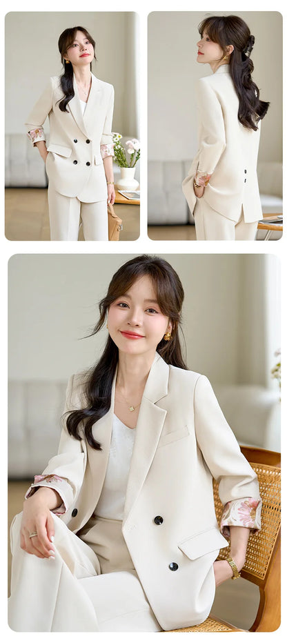 Fashion Elegant Solid Women Blazer Pantsuit Casual Vintage Chic Suit Jackets Wide Leg Pants 2 Pieces Set Female Outfits