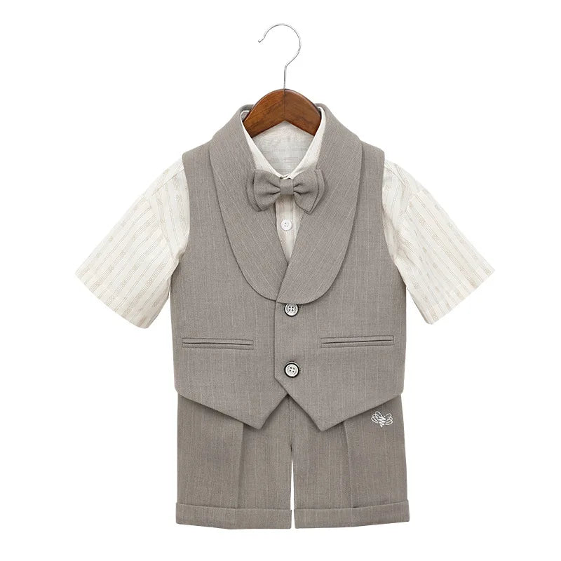 Boys' Summer British Style Suit Vest Set Flower Boy First Birthday Outfit Boys' Children's Day Host Piano Performance Costume