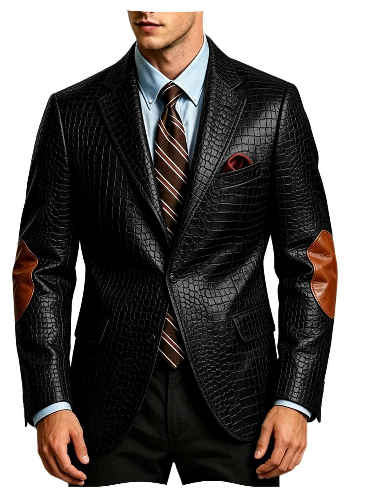 Men's Faux Leather Blazer  Crocodile Pattern Printed Sports Coat Jacket with Elbow Patch  For Party Prom Banquet Wedding Office