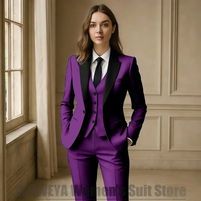 Women Royal Blue 3 Piece Tuxedo Suit Blazer Vest Pants with Black Lapel Slim Fit Formal Party Business Office Outfit