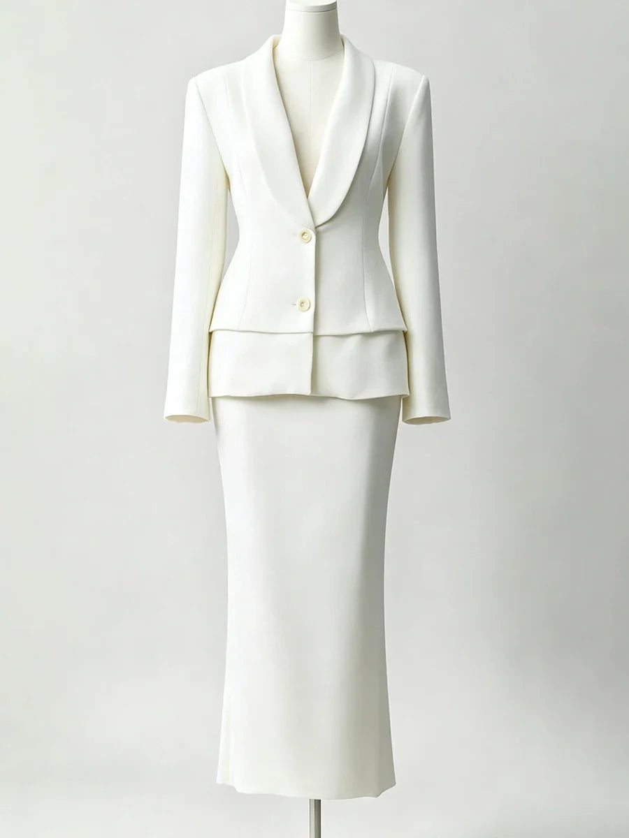 Women  Lapel Blazer Midi Skirt Single Breasted Slim Waist Long Sleeve Formal Office Business Outfit Set