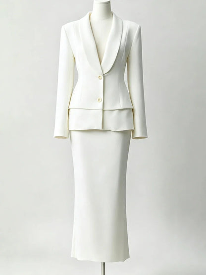 Women  Lapel Blazer Midi Skirt Single Breasted Slim Waist Long Sleeve Formal Office Business Outfit Set