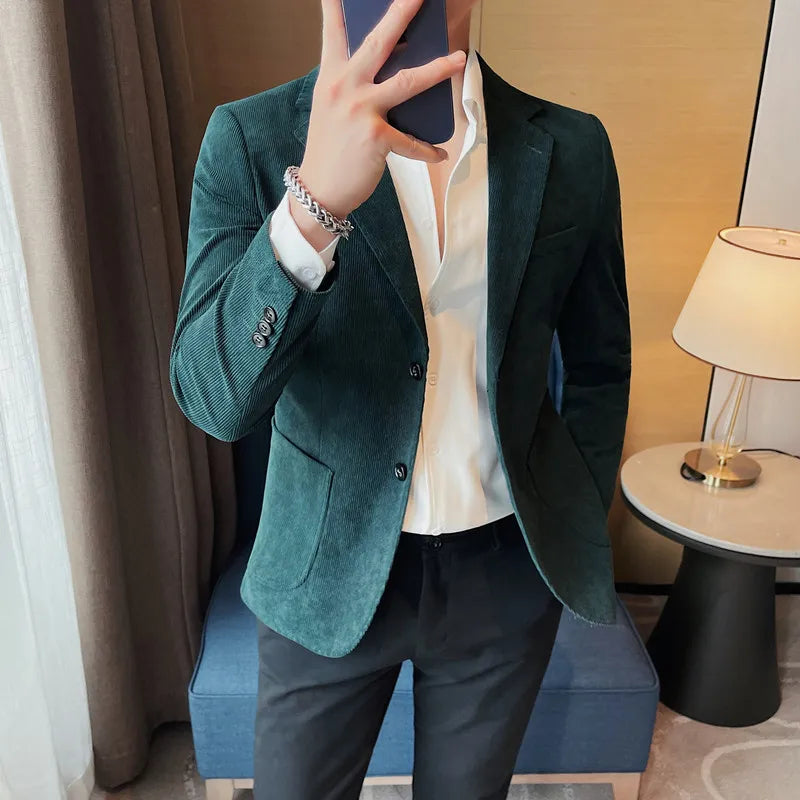 2023 Fashion Men's Corduroy Blazers Top Quality Business Casual Suit Jackets Slim Fit Wedding Groom Streetwear Social Dress Coat