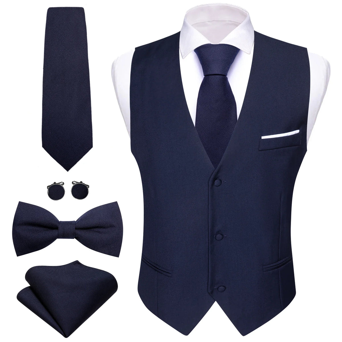 Men's Suit Vest 5-Piece Set – Solid Color V-Neck Waistcoat with Tie, Bow Tie, Pocket Square & Cufflinks for Wedding & Business