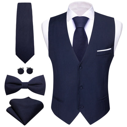 Men's Suit Vest 5-Piece Set – Solid Color V-Neck Waistcoat with Tie, Bow Tie, Pocket Square & Cufflinks for Wedding & Business