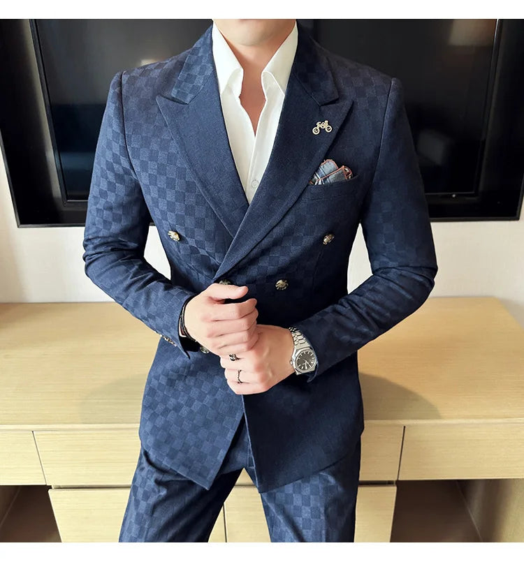 (Jacket+Pants)Luxury Checkered Double Breasted Suit  2 Pieces Fashion Business Slim Fit Social   Formal Suit Evening Dress 5XL-M