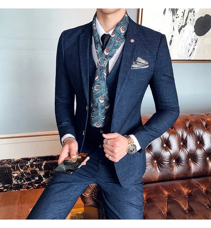 Men's 3-Piece Striped Formal Suit – Blazer, Vest & Trousers | Italian Style Business Gentleman