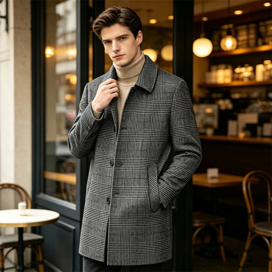 Men's Plaid Wool Blend Coat Mid Length Single Breasted Trench Coat Casual Business Overcoat for Men Spring Autumn Warm Jacket