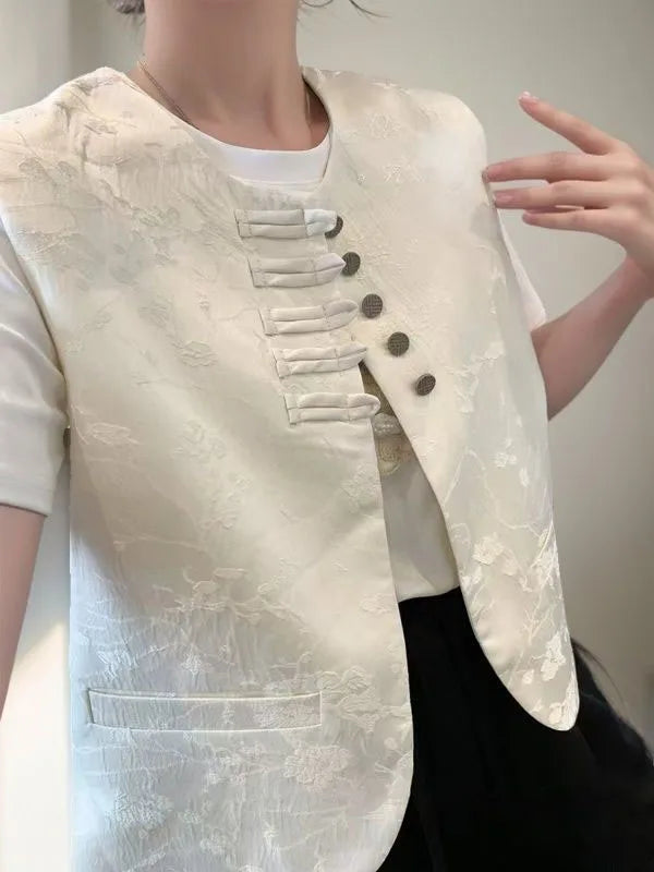 New Chinese Style Buckle Vest Coat For Women New Spring Autumn O-Neck Embroidery Sleeveless Jacket Fashion Jacquard Waistcoat