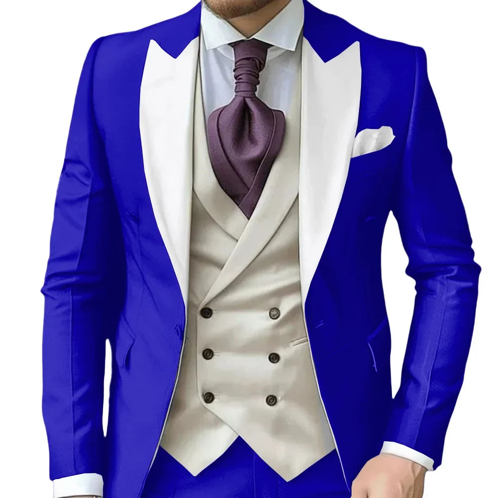 Fashionable Contrast Color Men's Suits 3 Pieces Jacket Vest Pants Dancing Sets Handsome Peak  Lapel Suit Set For Men Party Wear