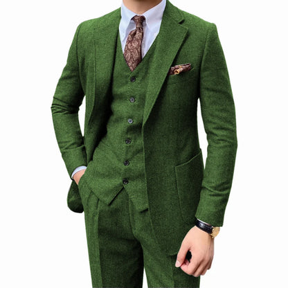 Costume de smoking à chevrons pour hommes, ensemble deux pièces, revers crantés, un bouton, gilet simple boutonnage à chevrons, tissus en laine épaisse