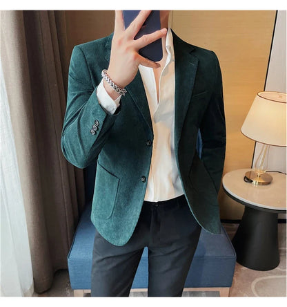 2023 Fashion Men's Corduroy Blazers Top Quality Business Casual Suit Jackets Slim Fit Wedding Groom Streetwear Social Dress Coat