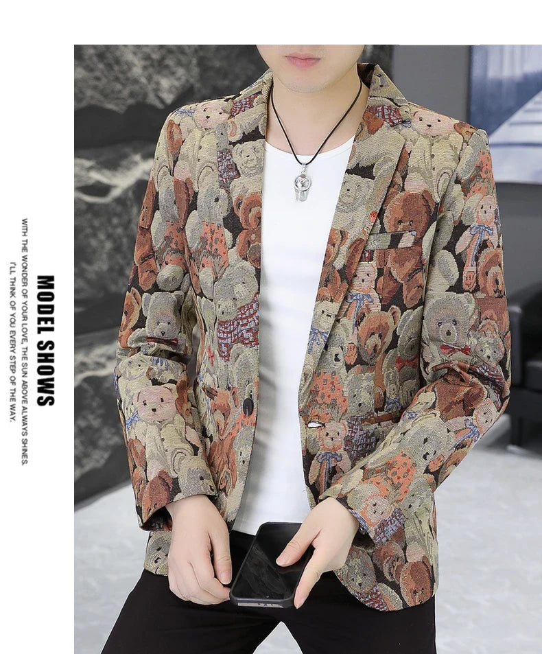 Blazer Fashion Print Trend All-in-one Wedding Outdoor Casual Gentleman Party Comfort Korean Business Men Slim Blazer