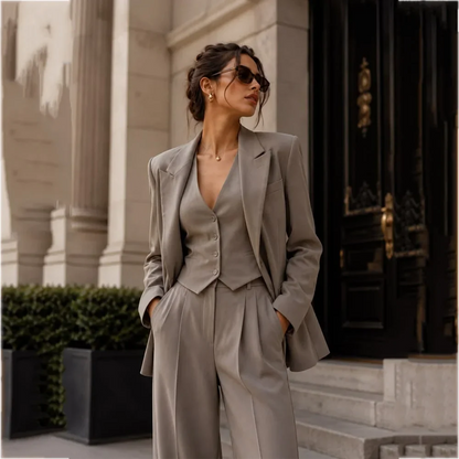 Elegant Women 3 Piece Suits Blazer Vest Pants Wide Leg Pleated Pants Set Formal Office Lady Wedding Guest Party Female Outfit