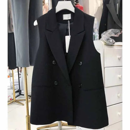New Korean Women Loose Black Vest Suit Jacket Female Spring Autumn Leisure Solid Color Sleeveless Waistcoat Cardigan Vest Coat