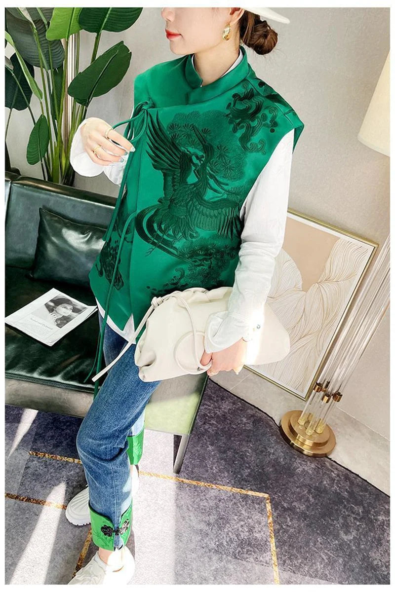 2026 Spring Summer Vintage Embroidery Green Lace Chinese Vest Jacket Chinese Style Waistcoats Outerwear Female Sleeveless Jacket
