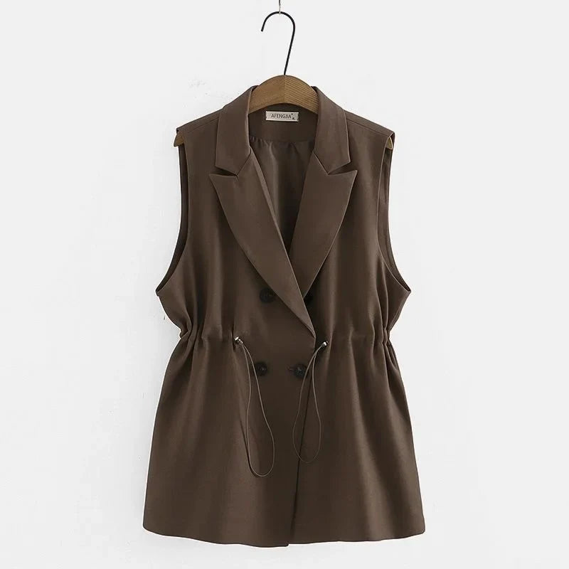Women Sleeveless Casual Blazer Fashion Vests Korean Style 2026 Elegant Peak Lapel Suit Coats Oversize OL Black Vests
