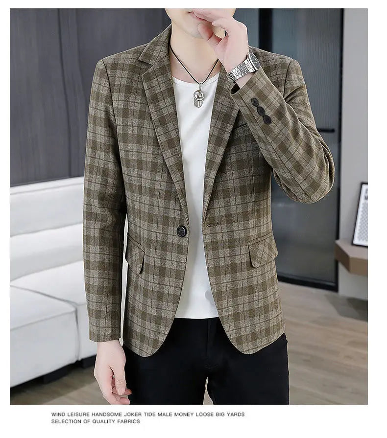 Men's Smart Casual Plaid Blazer – Single Breasted, Slim Fit, Spring Autumn